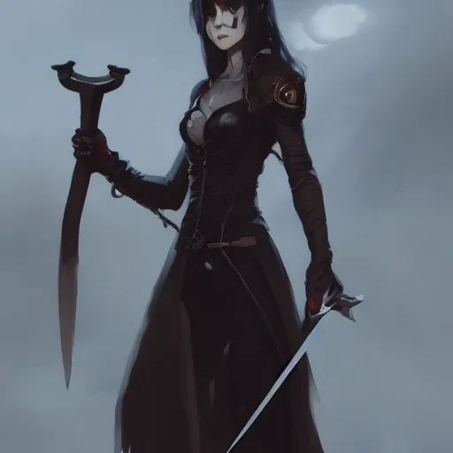 Prompt: female human vampire witch holding a sword, in the style of greg rutkowski, makoto shinkai, trending on artstation, character design, concept art, pretty face, forward facing, highly detailed, digital art, seed : 1 9 2 6 2 5 9 4 0 7