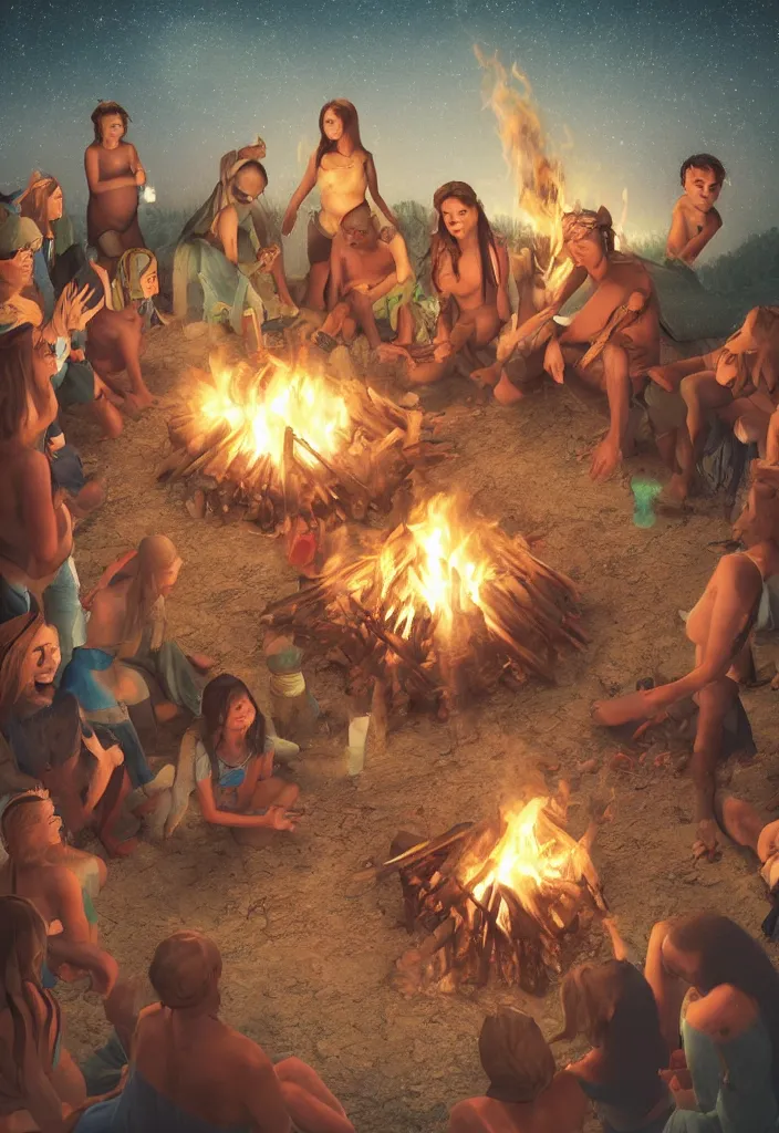 Image similar to realistic tribe gather around a bonfire with a pregnant woman as her leader, intense blue eyes, realistic, antartic night, aerial race