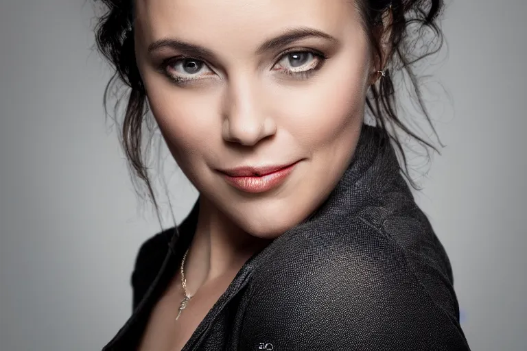 Image similar to a portrait headshot photograph of a female actor looking at the camera, ultra high detailed, realistic, hair light, key light, by peter hurley