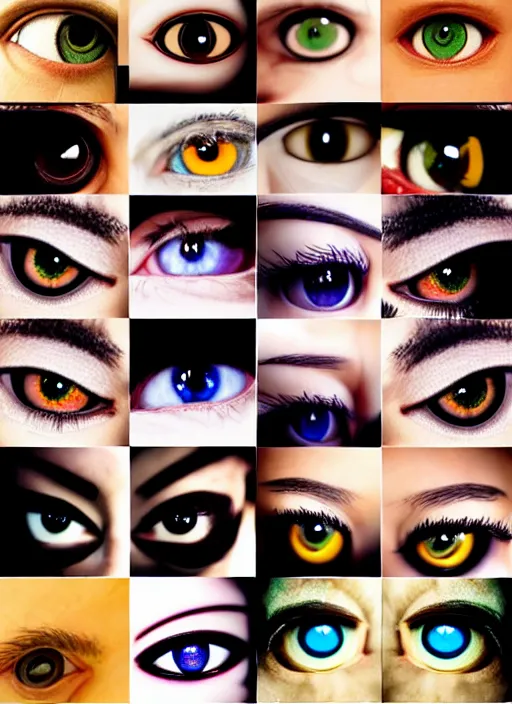 Image similar to grid montage of square shaped eyes, square shaped dilated pupils, square irises, detailed colored textures, eyelashes, advanced art, art styles mix, from wikipedia, wet reflections in eyes, sunshine light, hd macro photograph, from side, various eyelid positions, square black pupil centered