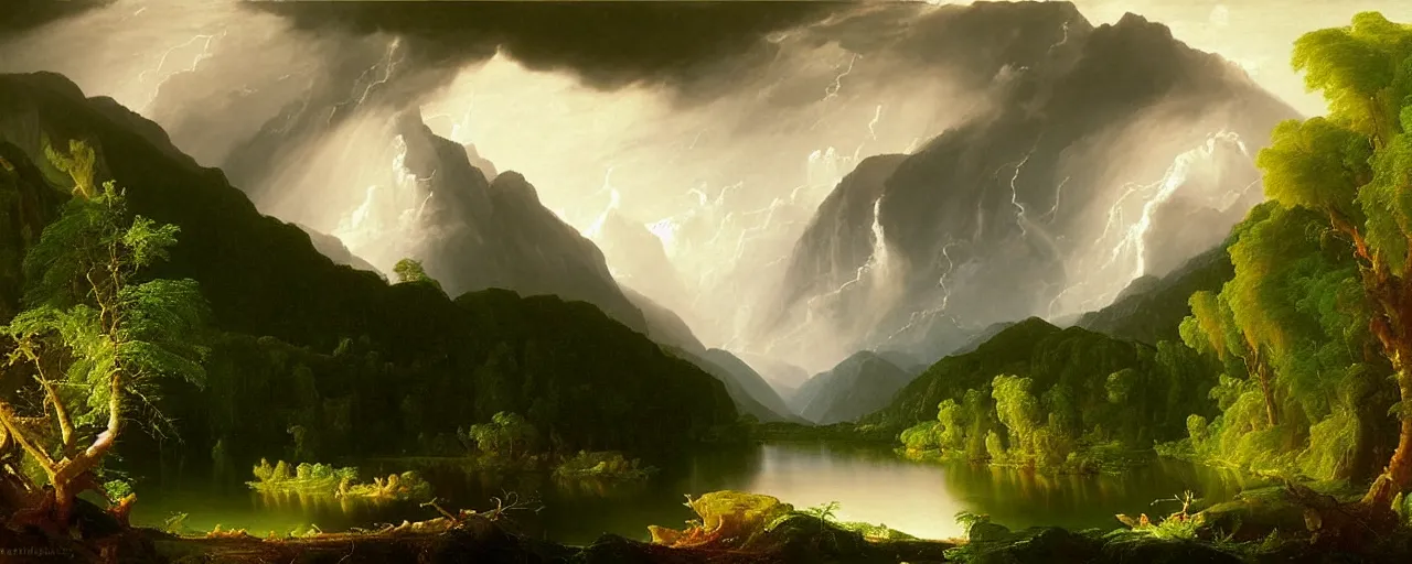 Image similar to beautiful forest scenery, distant mountains, river flowing through, distant cloud shadows, raining, rain, painting by thomas cole