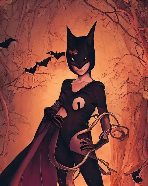 Prompt: a girl in a cute bat costume at a halloween party, full shot, focused, ambient lighting, detailed, art by ayami kojima, makoto shinkai, kilian eng