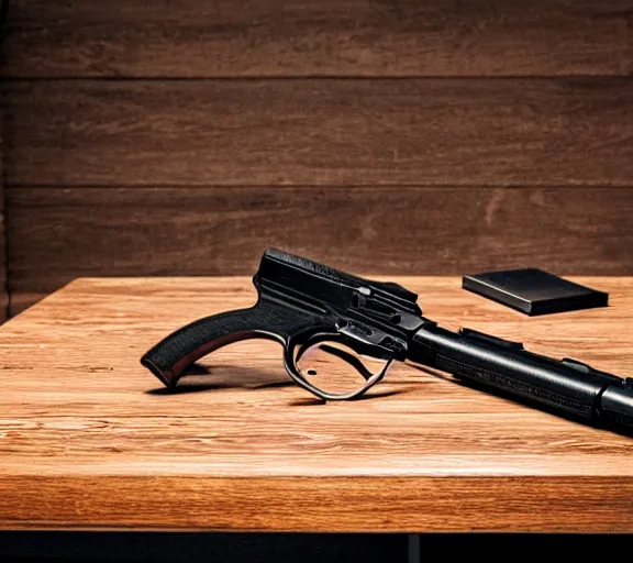 Prompt: a full shot photo of a pistol gun laying on a desk