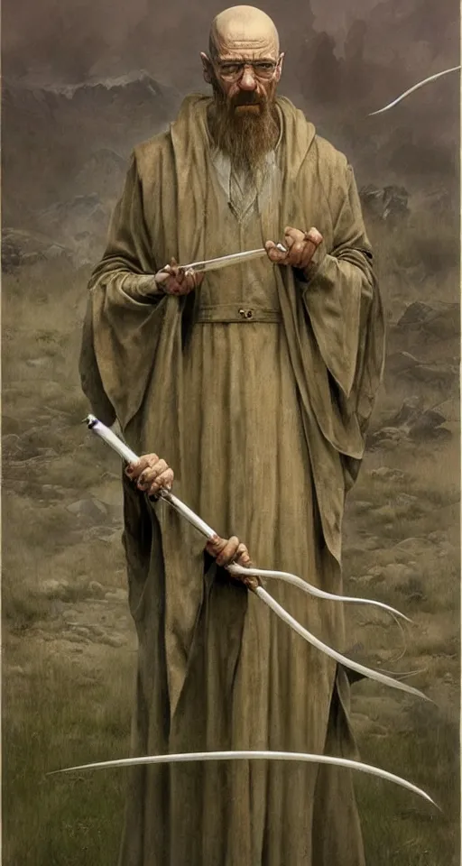 Image similar to Walter White as Saruman holding a staff by Esao Andrews and Karol Bak and Zdzislaw Beksinski