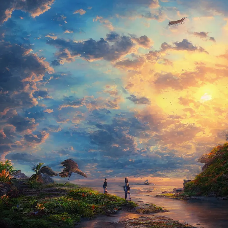 Prompt: a beautiful painting of a journey of a thousand miles begins with a single step, it is necessary to take the first step to reach your goal, flying island and sunset, highly detailed, 8 k resolution, trending on artstation