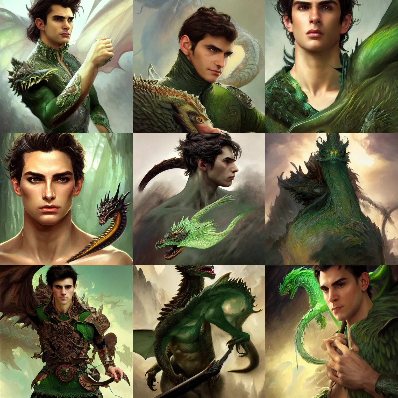 Prompt: a determined and anxious handsome clean shaven young man with swept back dark brown hair and green eyes fighting with a large fierce dragon, fantasy, intricate, elegant, highly detailed, digital painting, artstation, concept art, smooth, sharp focus, illustration, art by artgerm and greg rutkowski and alphonse mucha