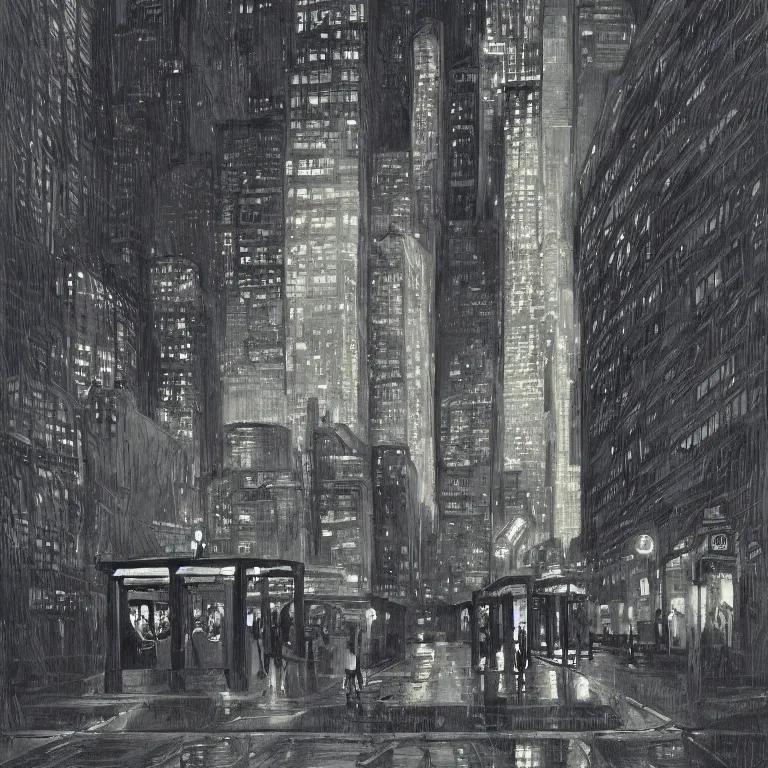 Prompt: dark city bus stop, the new yorker cover, very detailed,ArtStation