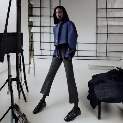 Image similar to realistic photoshooting for a new balenciaga lookbook, color film photography, portrait of a beautiful woman, model wearing a workwear jacket, by photo in style of Tyler Mitchell, 35mm,