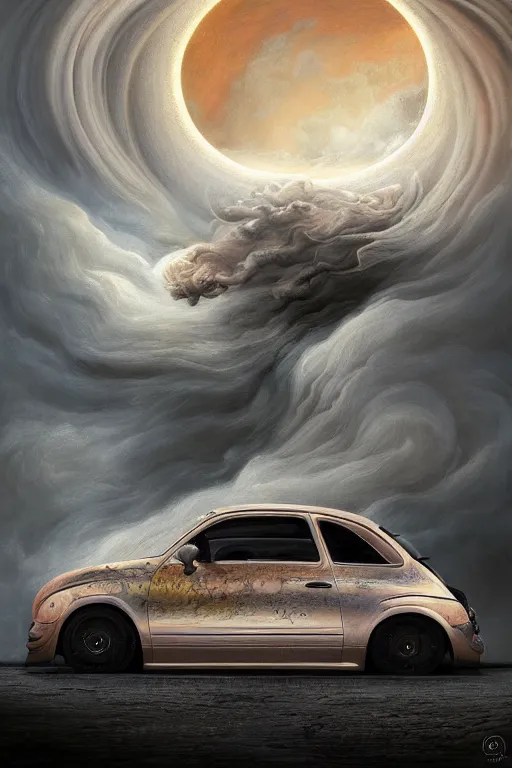 Image similar to Intricate stunning highly detailed Fiat 600R built in Argentina by agostino arrivabene and Vladimir Kush, surreal, digital painting, ultra realistic, Horror vacui, dramatic lighting, full moon, thick black swirling smoke tornado, burning fire embers, artstation