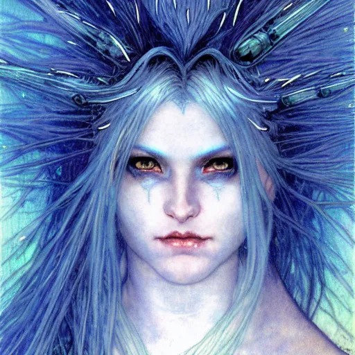 Image similar to head and shoulders portrait of a female lightning genasi with blue skin and white hair made of sirrus clouds, full white robes, medieval, fantasy, d & d, luis royo, klimt, alphonse mucha