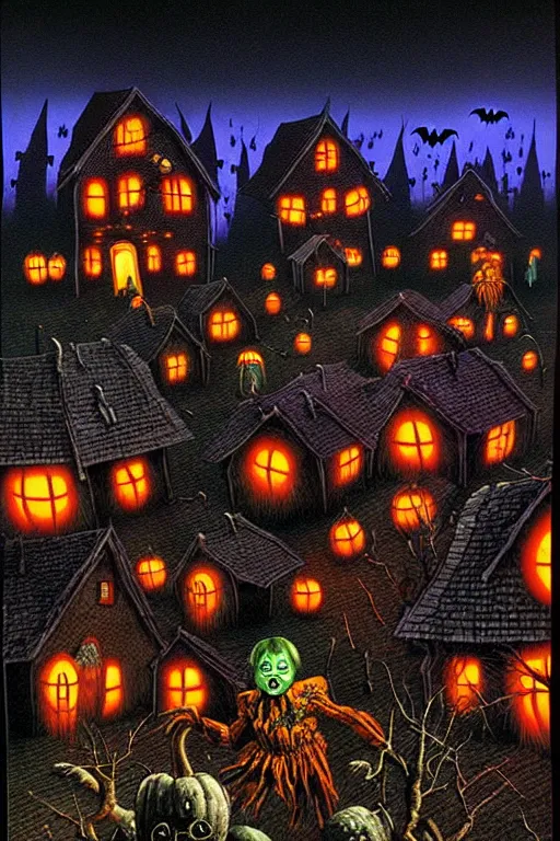 Image similar to a hyperrealistic painting of a haunted autumn night village with halloween decorations invasion, by chris cunningham and richard corben, highly detailed, vivid color,