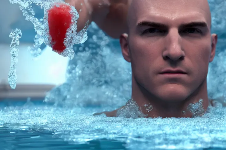 Image similar to hyperrealistic film still of hitman swimming in a pool of slushie at 7 1 1 stunning 3 d render, inspired by istvan sandorfi & greg rutkowski & unreal engine, perfect facial symmetry, dim volumetric cinematic lighting, 8 k octane comprehensive render, extremely hyper - detailed, incredibly lifelike attributes, intricate, real flesh texture, masterpiece, artstation, stunning,