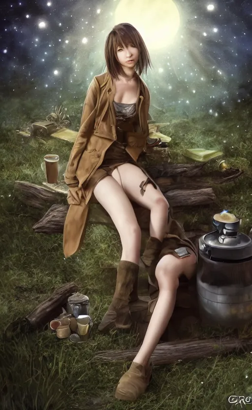 Prompt: a girl from final fantasy live action, with short black hair and green eyes in a tan trenchcoat sitting on a log and drinking tea by the campfire by her dieselpunk motorcycle at night under the stars, evocative, mystical night, very very very very detailed, award winning, masterpiece digital painting by greg rutkowski, alex grey, artstation, 4 k wallpaper