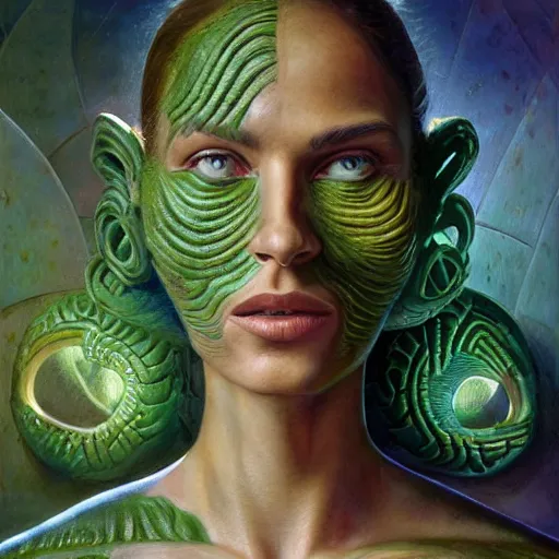 Image similar to detailed face of a woman with green eyes in a biomorphic courtyard with dna sculptures at a science expo, atmospheric, ambient, pj crook, syd mead, livia prima, artgerm, greg rutkowski, nick alm, casey baugh