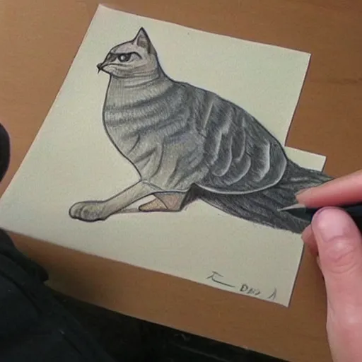 Image similar to cat drawing a pigeon, realistic, real life