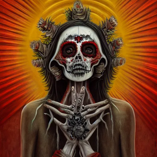 Image similar to santa muerte being awakened by a mexican death cult through a ritual, by anton semenov and amanda sage and guillermo del torro in a surreal dark horror style, oil on canvas, 8k, hd,