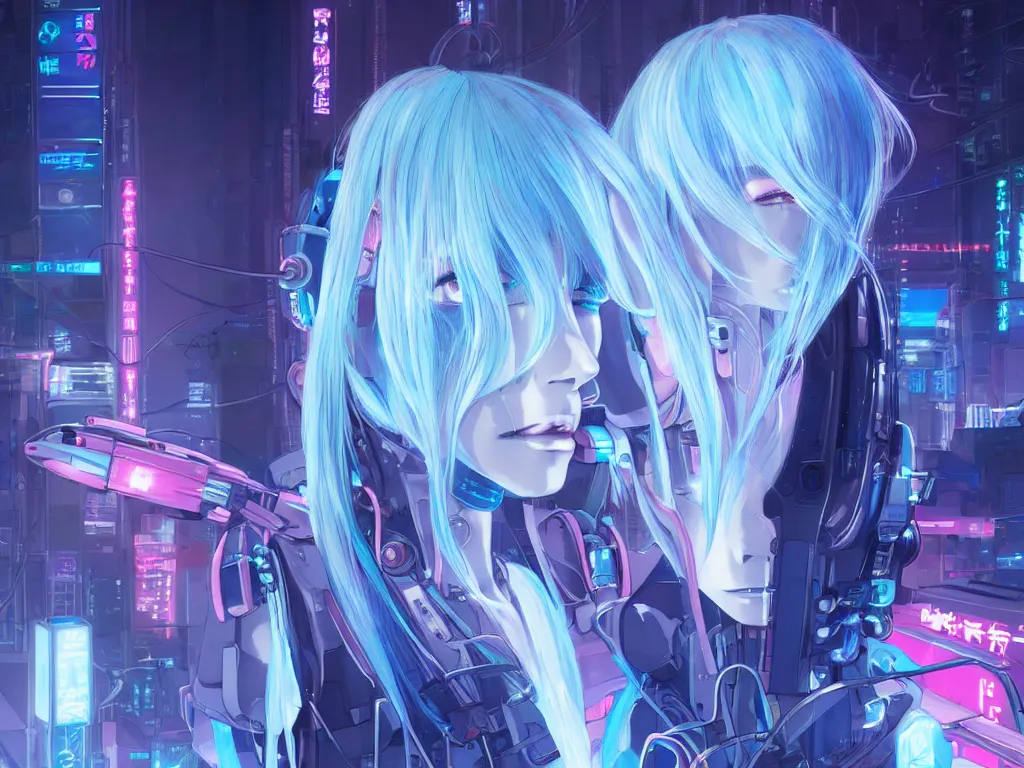 Prompt: portrait light blue hair anime visual futuristic female cyber airforce, on cyberpunk neon light tokyo rooftop, ssci - fi and fantasy, intricate and very beautiful, human structure, concept art by kyoto studio, sharp focus, anime fantasy illustration by rossdraws and magali villeneuve and liya nikorov and luxearte, frostine engine