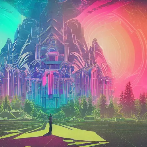 Prompt: mystical psychedelic poster with shaded lighting in the style of andriod jones and arjun brooklyn, radiant light, detailed and complex environment, beautiful, peaceful, utopic astral city in the sky with many buildings and temples reflecting a modern city on the ground with old growth pine trees, overlaid sacred geometry, with implied lines, gradient of hot pink and neon baby blue