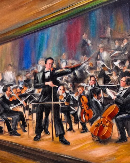 Image similar to an ultra detailed oil painting of a long shot portrait of an orchestra conductor on the rostrum, symphony ensemble, baton in motion, motion blur, triadic color scheme, theatre lighting, focus on wand