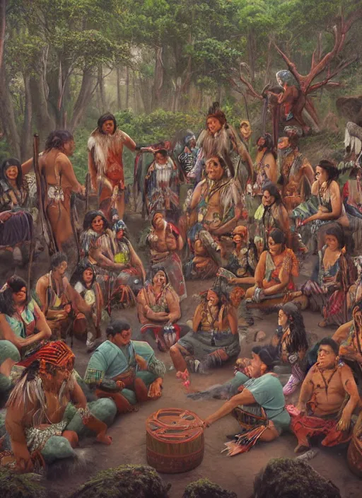 Prompt: a painting of indigenous people sitting in circle and playing shamanic drums , matte painting, highly detailed, fantasy art