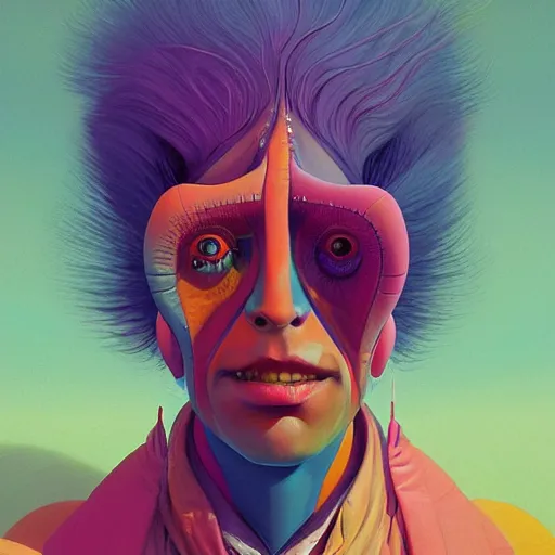 Image similar to colourful breathtakingly weird beautiful powerful magical wonderfully majestic beautifully cool character closeup by michael whelan, moebius, beeple, dan mcpharlin, pascal blanche, jamie hewlett, richard dadd, symmetrical, extreme close up with a serene expression, 8 k artstation