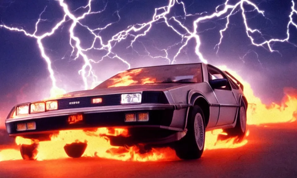 Prompt: scene from back to the future, delorean driving fast, lightning, fire, driving through portal