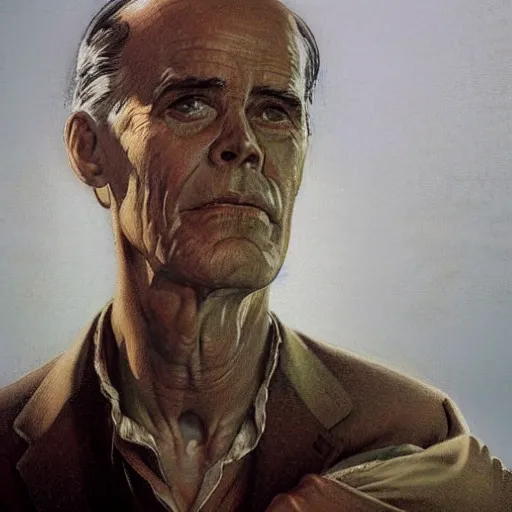 Prompt: a highly detailed epic cinematic concept art CG render digital painting artwork costume design: Henry Fonda as a 1950s tired disillusioned poet, barefoot, thinking. volumetric lighting. By Greg Rutkowski, in the style of Francis Bacon and Syd Mead and Norman Rockwell and Beksinski, great attention to proper perfect anatomy, highly detailed, painted by Francis Bacon and Edward Hopper, painted by James Gilleard, surrealism, airbrush, Ilya Kuvshinov, WLOP, Stanley Artgerm, very coherent, triadic color scheme, realistic facial expression, art by Takato Yamamoto and James Jean