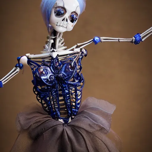 Prompt: lovely realistic ball jointed high end lapis lazuli skeleton doll with fashion and cute accessories, inside gothic doll manor bedroom, god rays, dust particles, photorealistic, aesthetic shot, worms eye view, macro camera lens, high definition, thematic, cinematic, lens flare