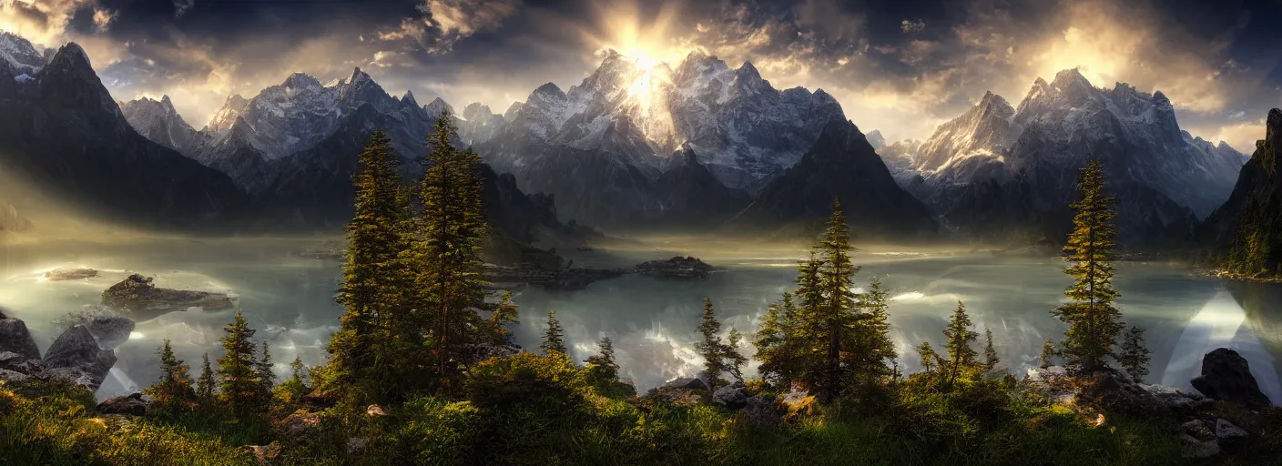 Image similar to photograph of mountains with a lake in front of them, trees on the side, rocks in foreground, mist with rays of light by marc adamus, highly detailed, intricate detail, cinematic lighting