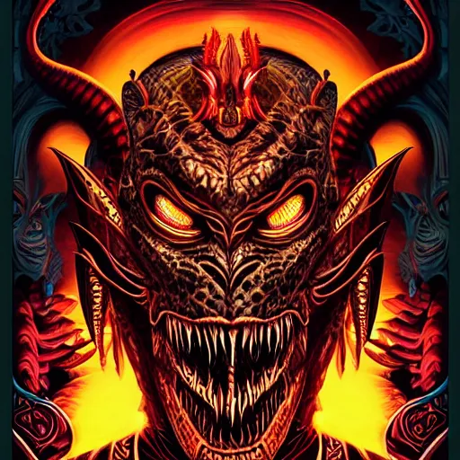 Image similar to barong family member, wiwek, mara demon, one single tribe member, jungle, one single mask, dark, ancient warrior, snake, alien, predator, dragon, devil, satan, diablo, tribal, inner glow, art by dan mumford and justin gerard