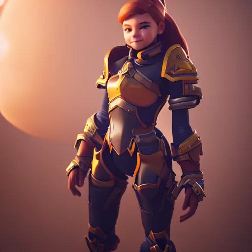 Image similar to a young girl with the appearance and armor of brigitte from overwatch, design, octane render, 4 k, ingame shot