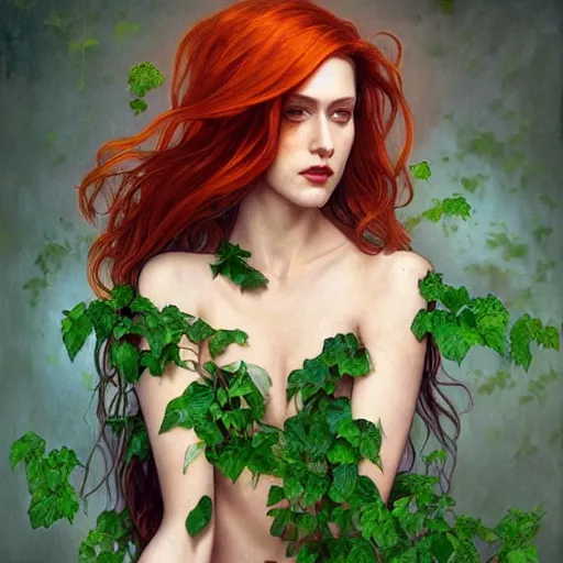 Image similar to full figure ultra realistic illustration, evan rachel wood as poison ivy, intricate, elegant, highly detailed, digital painting, artstation, concept art, smooth, sharp focus, illustration, art by artgerm and greg rutkowski and alphonse mucha