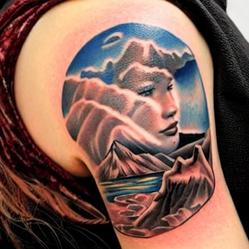 Image similar to tattoo design of a beautiful girl next face to a beautiful mountain scenery, hyper realistic