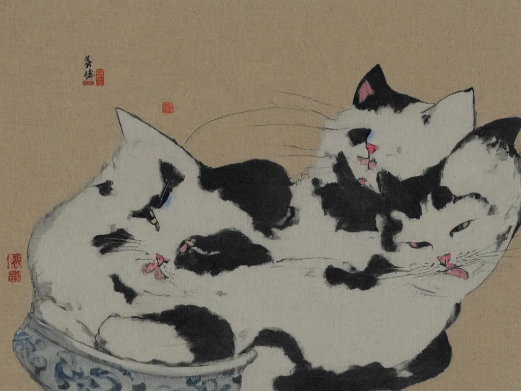 Prompt: cat breaking the china. Painting by Tsuguharu Fujita