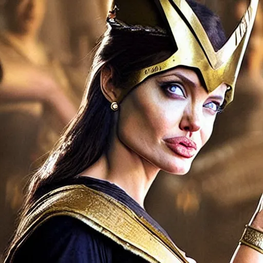 Image similar to angelina jolie as the greek goddess athena, fighting in battle, action scene, live action, dynamic