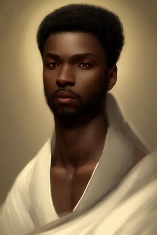 Image similar to a portrait of a black male prince, white cape, illustration, soft lighting, soft details, dark mood, painting oil on canvas by Edmund Blair Leighton and Charlie Bowater octane render trending on artstation d&d characters, 4k, 8k, HD