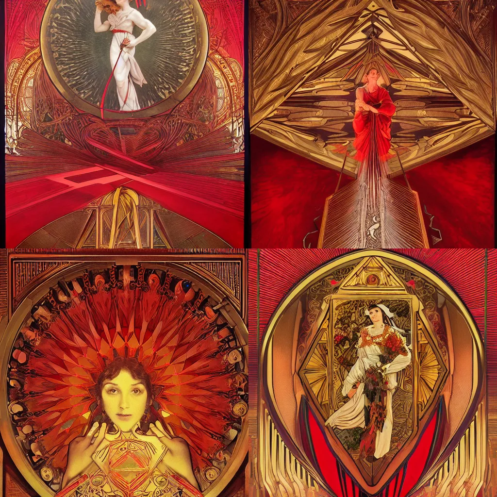 Prompt: Bright aura flows out of the Ark of the Covenant :: background by caravaggio and alphonse mucha, lord of the rings style calligraphy :: red paper, ultra-detailed technical precision, intricate industrial border :: monumental art composition, realistic composition, intricate border, octane render