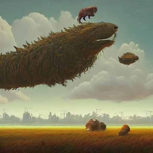 Prompt: Landscape Plains Panorama Wild enormous Hamster Behemoths roaming the windswept field simon stalenhag gerald brom christopher lovell daniela uhlig allison carl hiro izawa paul chadeisson pastel painting