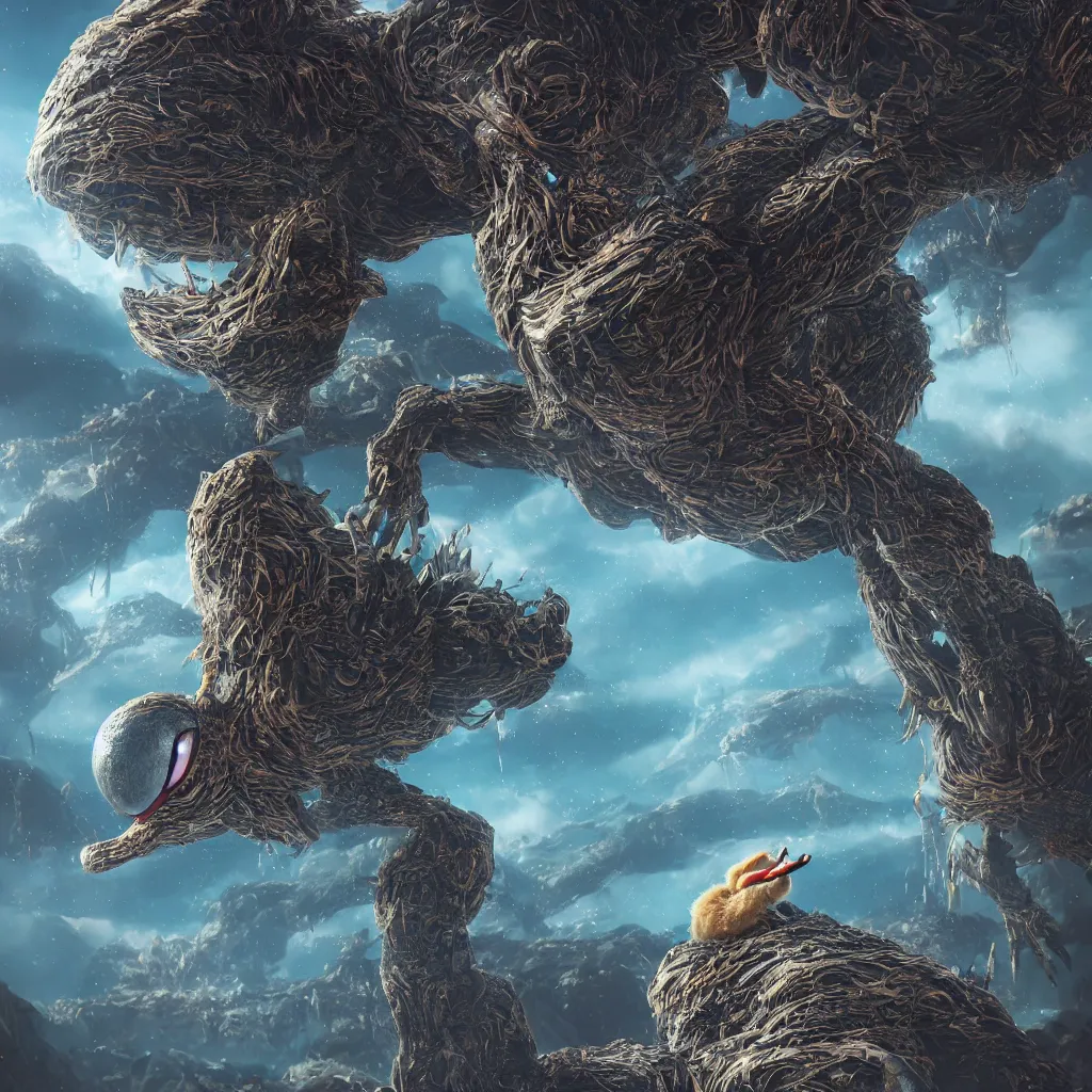 Prompt: cute beautiful duck-spider-monster with a beak and fluffy, alien landscape in background, anime style, intricately detailed, octane render