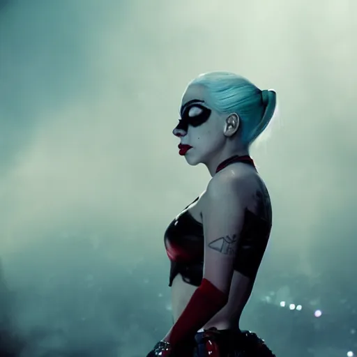 Prompt: Lady Gaga as real-life Harley Quinn, cinematic, Low angle, atmospheric fog and lighting, directed by Michael Bay, movie still, photography