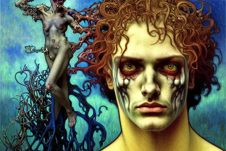 Prompt: realistic detailed portrait painting of a beautiful male zombie, nightly graveyard landscape background by Jean Delville, Amano, Yves Tanguy, Alphonse Mucha, Ernst Haeckel, Edward Robert Hughes, Roger Dean, masterpiece, cinematic composition, dramatic pose, 4k details, rich moody colours, blue eyes