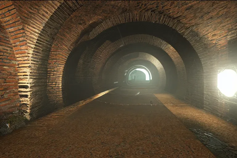 Prompt: underground concave water tunnels, sewer system, railings run along the canal, brick walls, big brick arches, brass pipes on the walls, a slight green glow emanates from the water, artificial warm lighting, stylized PBR materials