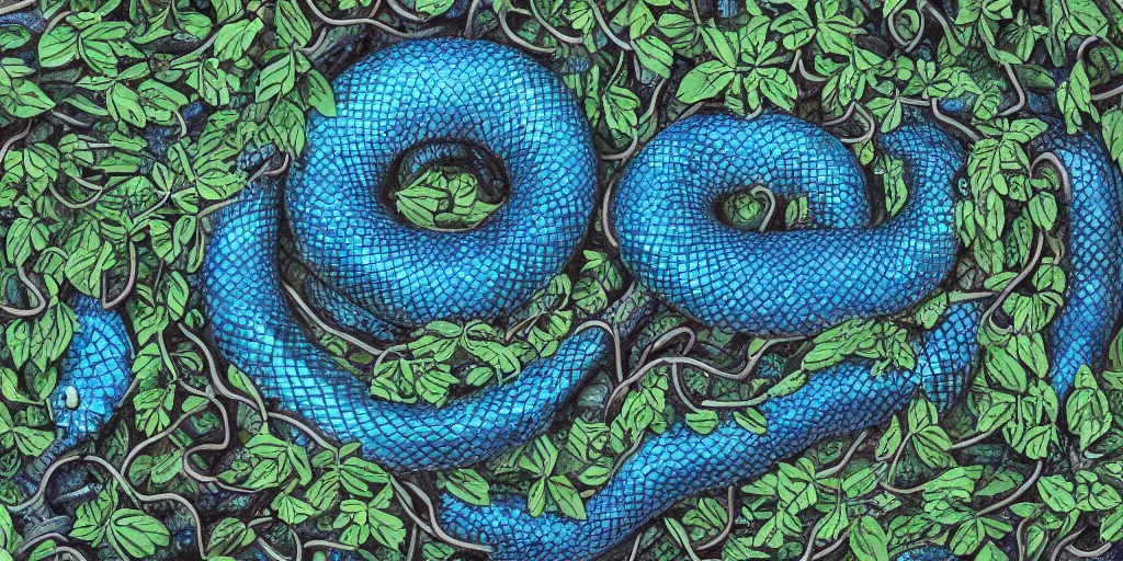 Image similar to queen of snakes, crown of vines, pale blue skin, emerald eyes, sapphire scales