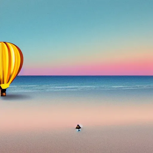 Prompt: a hot air balloon floats over a beach at violet sunset, whimsical and flat art style