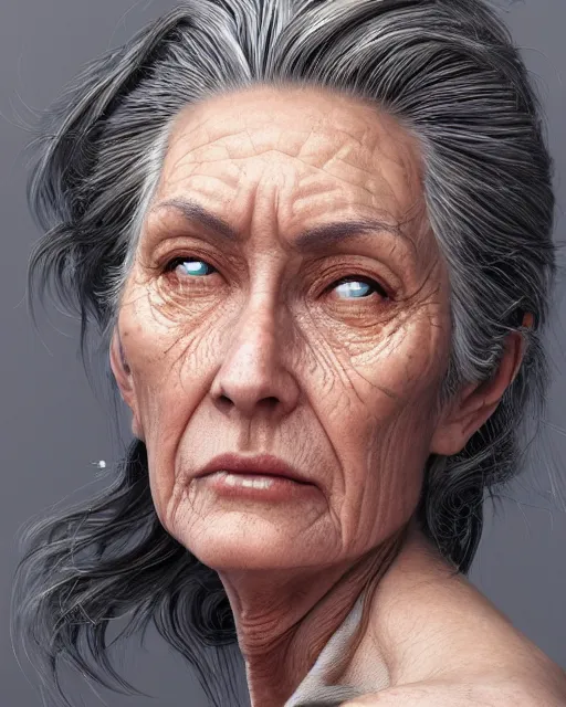 Image similar to portrait 6 0 - year - old woman, tall, severe - looking, with dark hair tied up in a bun, hyper realistic face, beautiful eyes, character art, art by mark brooks, hyperdetailed, cryengine, trending on artstation, digital art