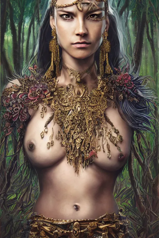 Image similar to oil painting of fantasy female warrior, symmetrical beautiful clean face, intricate jewellery, filigree armour, tribal tattoos, big earrings, shining eyes, crystals, covered in plants, standing in the mystical forest, realistic oil painting, baroque, renaissance painting, dramatic, cinematic light, trending on artstation, rule of thirds, highly detailed, 8 k