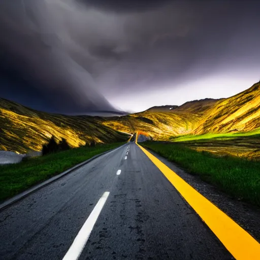 Image similar to nightmarish creatures rushing towards car, black pontiac firebird trans - am driving towards the camera, norway mountains, red glow in sky, valley, large lake, dynamic, cinematic, motionblur, volumetric lighting, wide shot, low angle, large lightning storm, thunder storm