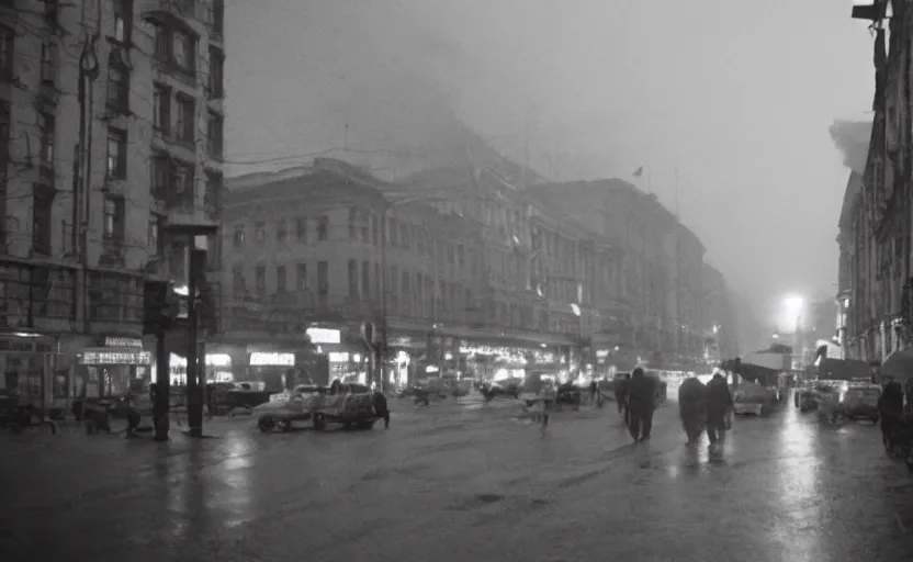 Image similar to 40s historic footage of a sovietic street with pedestrians, aerial view , aerial view Cinestill 800t 18mm, heavy grainy picture, very detailed, high quality, 4k panoramic, billboards and streetlight at night, rain, mud, foggy