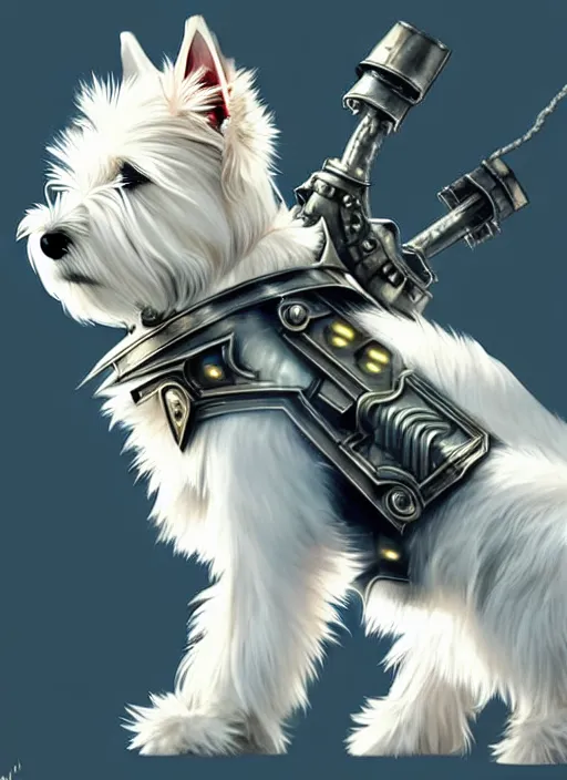 Prompt: a west highland white terrier barking, anime art style, wearing futuristic, led - lit armor, and a cannon mounted on his back, portrait, high detail, sharp focus, digital painting, artstation, concept art, art by hayao miyazaki and artgerm and greg rutkowski and alphonse mucha.