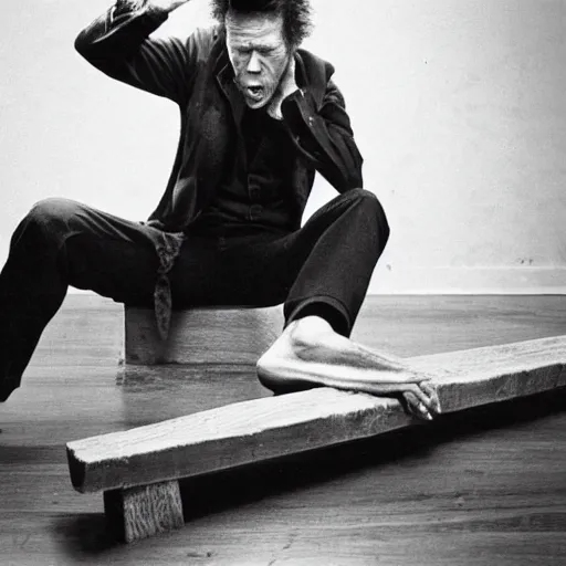 Prompt: tom waits gnawing on a plank of wood, black and white photograph